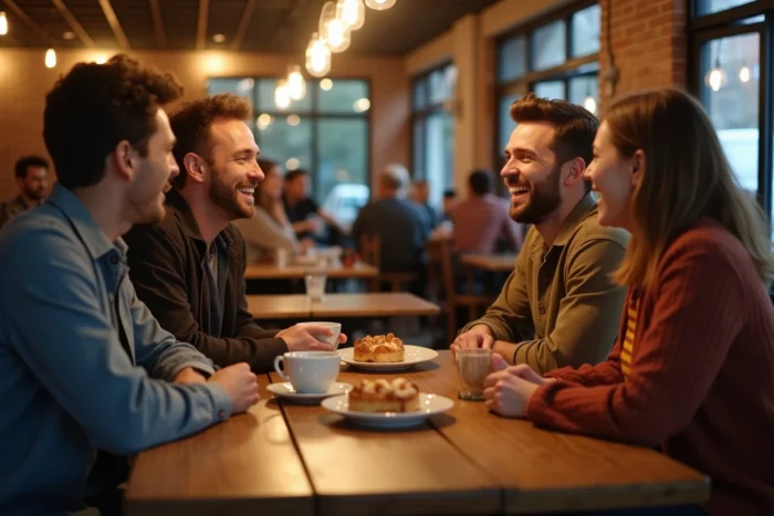Groupe d'amis adultes riant et conversant autour d'une table dans un café chaleureux lors d'un moment de lien social réel