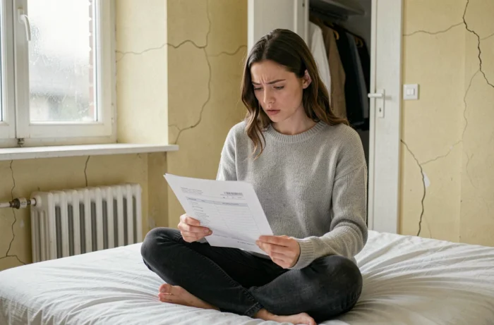 Jeune femme lisant un contrat de location dans une chambre de bonne parisienne aux murs jaune pâle