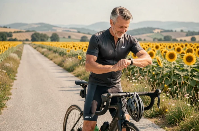 Cycliste français faisant une pause sur une route de campagne bordée de champs de tournesols, illustrant la pratique du vélo comme loisir sportif populaire en France