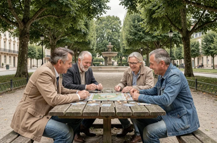 Groupe d'adultes français jouant à un jeu de société dans un parc public, représentant les loisirs conviviaux et les activités sociales populaires en France