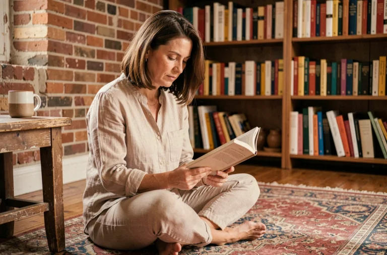 Femme française lisant un livre dans un appartement cosy avec des étagères remplies de romans, illustrant les loisirs culturels des Français