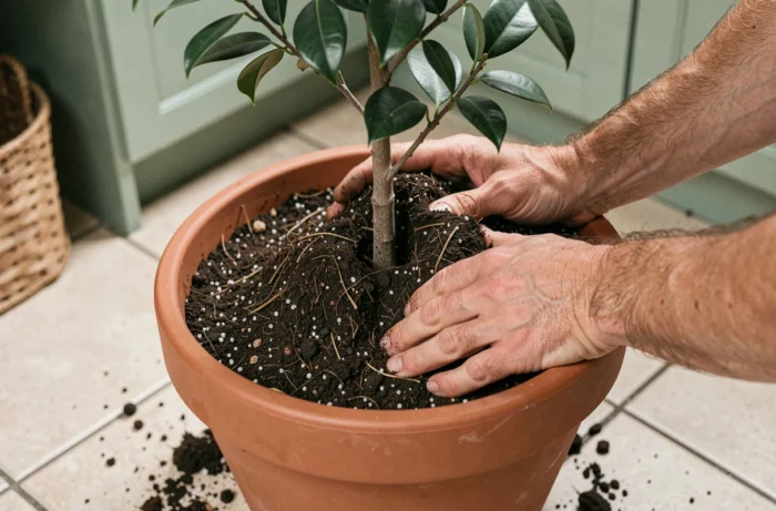 Gros plan de mains masculines tassant la terre autour d'un ficus benjamina dans un nouveau pot en terre cuite sur un sol carrelé