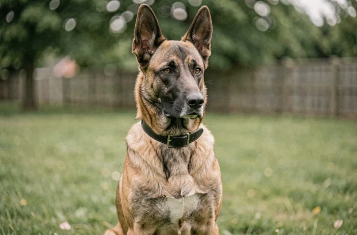 Malinois belge adulte en bonne santé assis dans un parc après castration, regard alerte et confiant