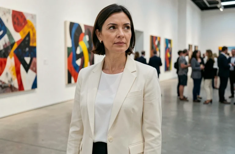 Mannequin devenu militante engagée posant lors d'un événement artistique dans une galerie contemporaine