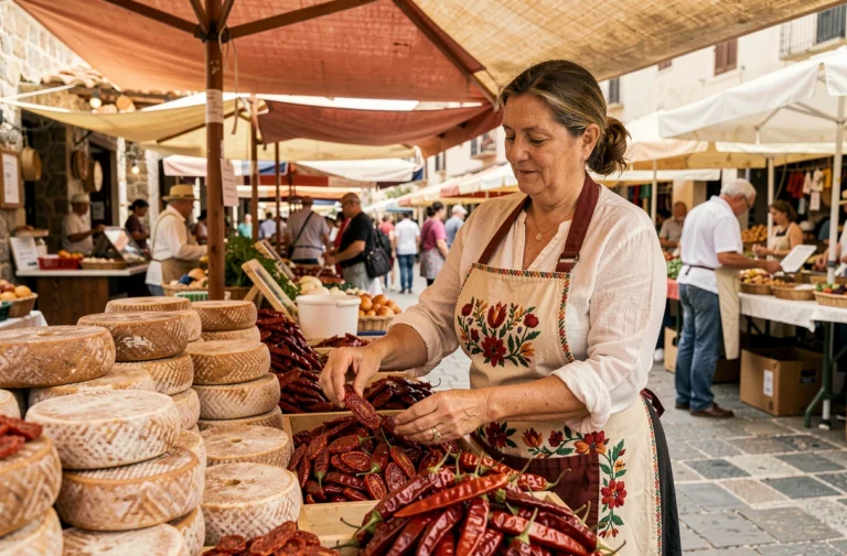Marchande sarde en tablier brodé proposant des spécialités locales comme le pecorino et les tomates séchées au marché de Porto Torres