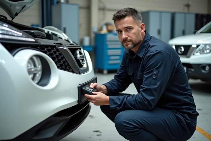 Mécanicien diagnostiquant une Nissan Juke avec un scanner OBD2 pour identifier les causes du voyant moteur