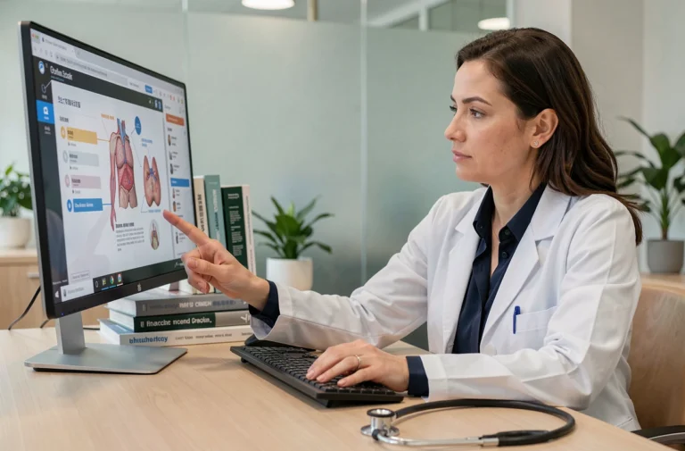 Médecin femme consultant une plateforme de santé professionnelle sur son ordinateur dans un cabinet médical moderne