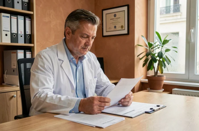 Médecin généraliste en consultation rédigeant une ordonnance médicale dans un cabinet moderne en France