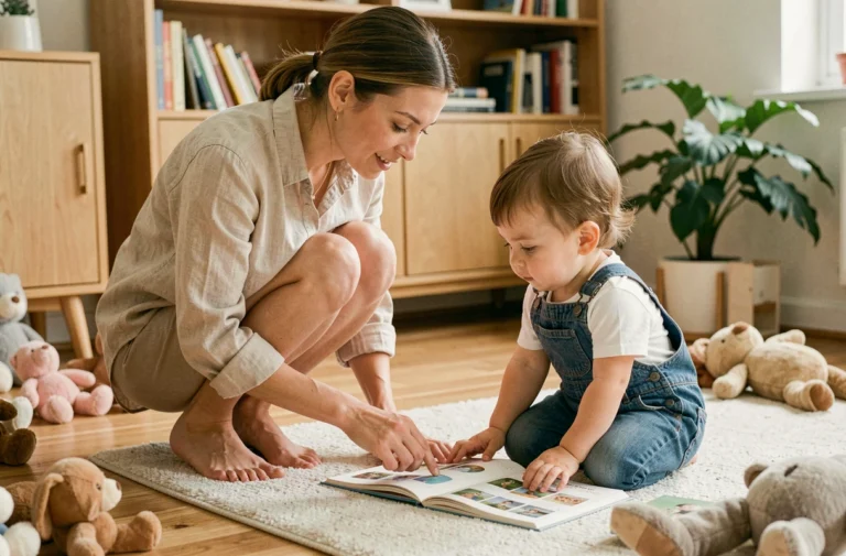 Une mère accompagne son tout-petit dans la découverte d'un livre illustré, illustration du développement du jeune enfant