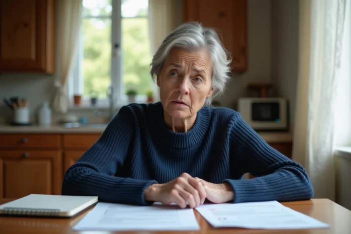 Une mère de famille inquiète examine des documents administratifs à la table de sa cuisine pour signaler une école