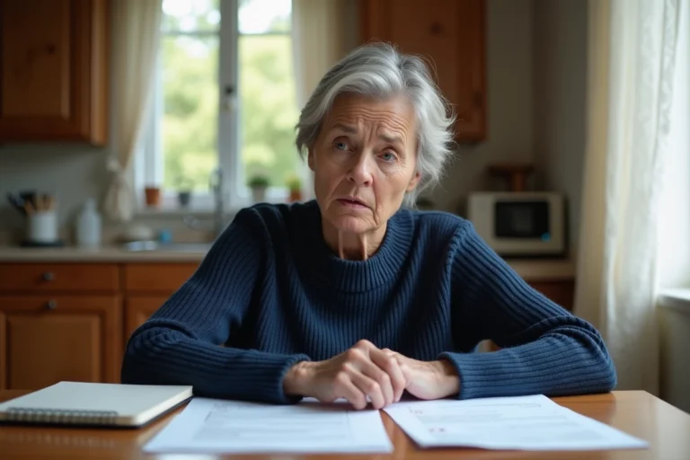 Une mère de famille inquiète examine des documents administratifs à la table de sa cuisine pour signaler une école