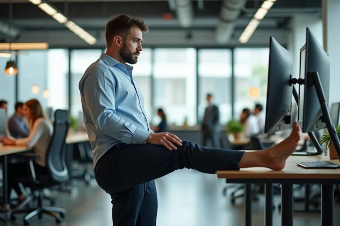 Homme en tenue professionnelle effectuant des exercices discrets debout à son bureau dans un open space moderne