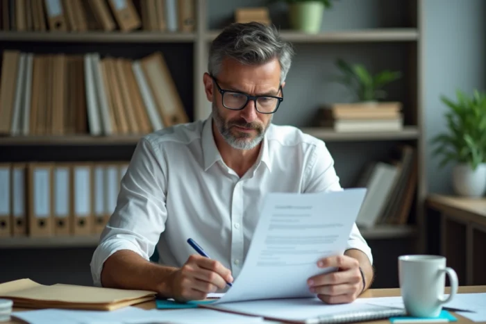 Moniteur éducateur rédigeant un rapport de suivi administratif dans son bureau d'un service social