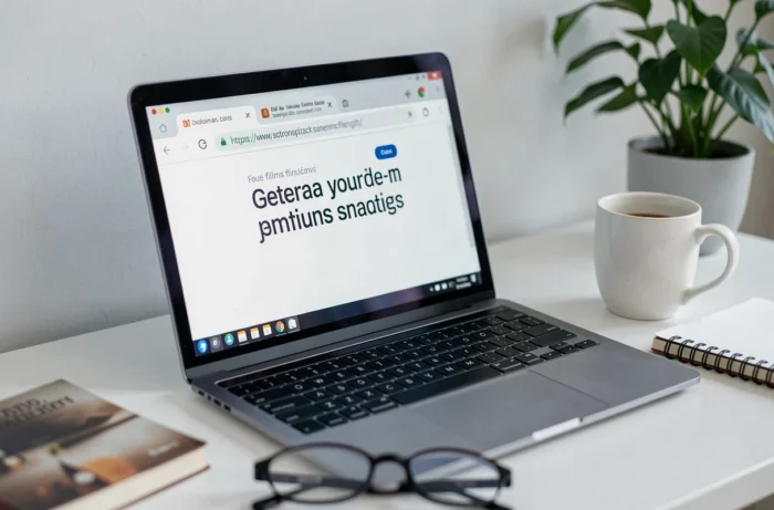 Ordinateur portable affichant l'adresse URL d'un site de streaming de films français sur un bureau