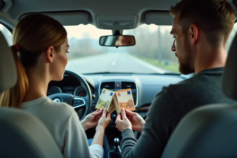 Passager remettant des billets en espèces à un conducteur BlaBlaCar à l'intérieur d'une voiture