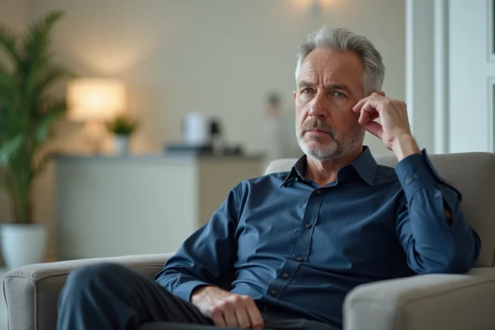 Patient masculin en salle d'attente neurologique tenant sa tête, représentant les symptômes de décharges électriques crâniennes