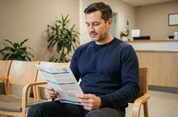 Patient lisant une brochure d'information médicale dans une salle d'attente d'hôpital en France