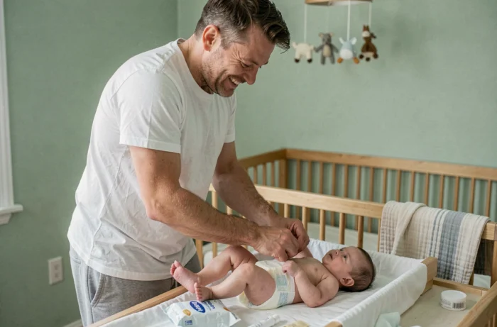 Père souriant changeant la couche de son bébé dans une chambre de bébé décorée en vert sauge