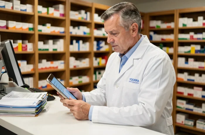 Pharmacien consultant des informations de santé professionnelles sur une tablette dans une pharmacie moderne