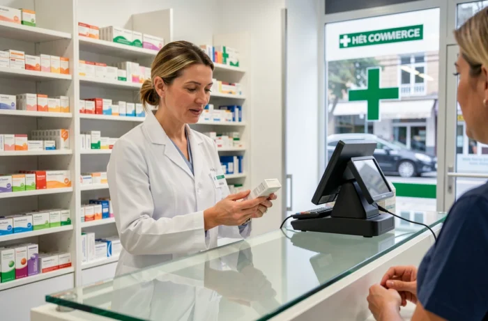 Pharmacienne française remettant un médicament prescrit à un patient dans une pharmacie moderne