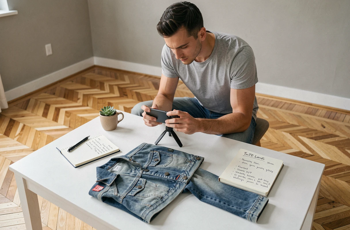 Homme photographiant un vêtement de marque pour le mettre en vente sur une plateforme de revente de luxe