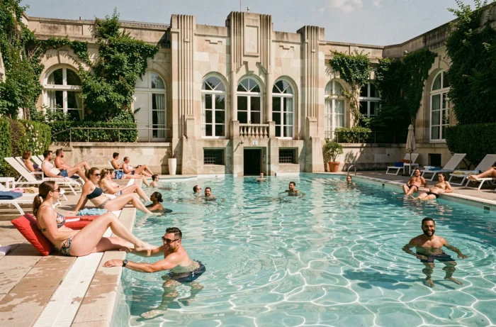 Piscine de la Butte aux Cailles à Paris par une journée estivale avec baigneurs et facade Art Déco historique