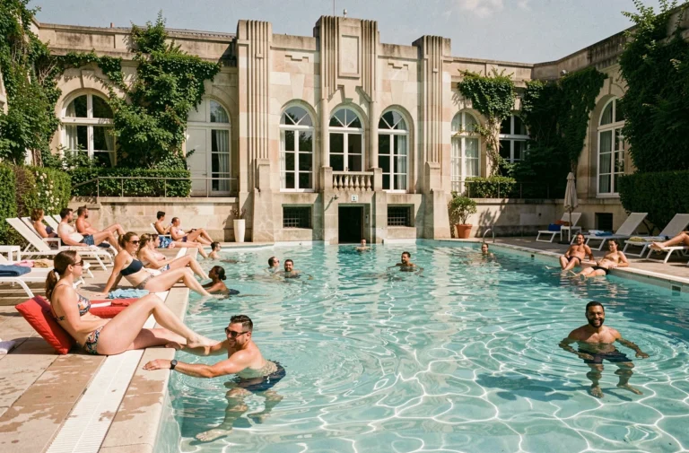 Piscine de la Butte aux Cailles à Paris par une journée estivale avec baigneurs et facade Art Déco historique