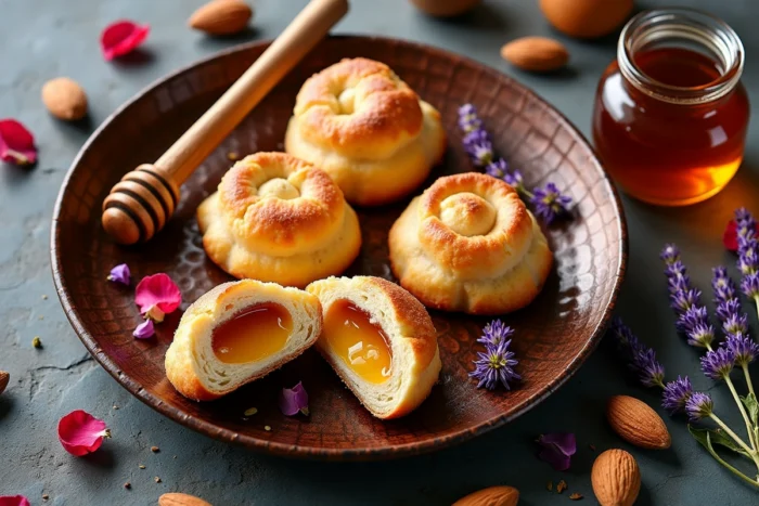 Vue de dessus d'un plateau de khaliya al nahl tranché entouré de pétales de rose séchés, amandes et miel ambré dans une composition élégante