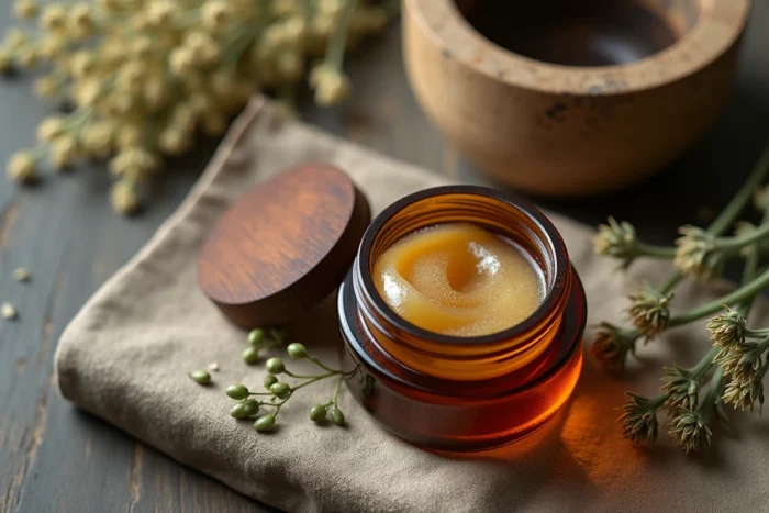 Pot de pommade Saint Louis posé avec des plantes médicinales séchées sur une surface en bois rustique