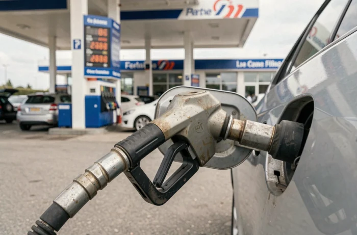 Pistolet de pompe diesel dans le réservoir d'une voiture à une station-service française, symbolisant la fin programmée du diesel pour les automobilistes