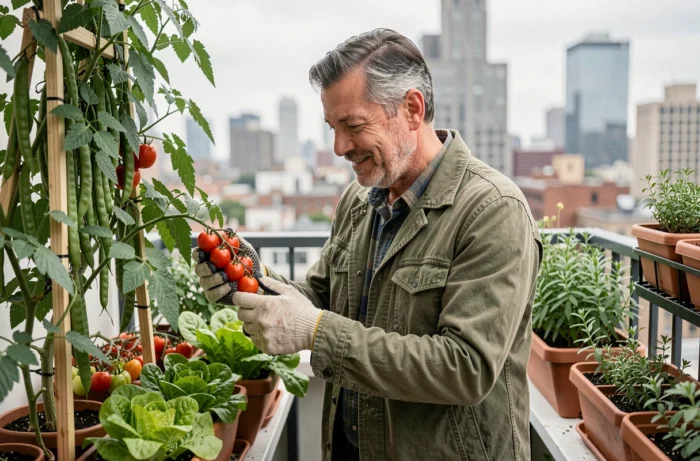 Homme inspectant ses tomates cerises dans un potager bio urbain aménagé sur un balcon avec vue sur la ville