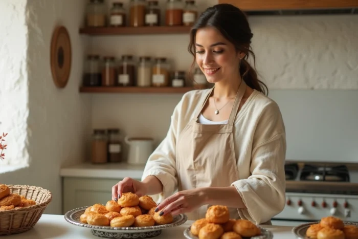 Femme préparant la khaliya al nahl dans une cuisine traditionnelle, disposant les pâtisseries en nid d'abeille sur un plateau décoratif