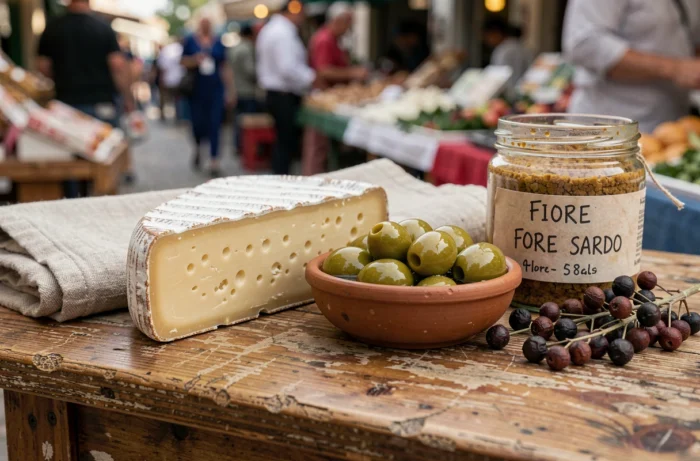 Gros plan sur des produits typiques sardes exposés sur un étal du marché de Porto Torres : fromage, olives, bottarga et baies de myrte