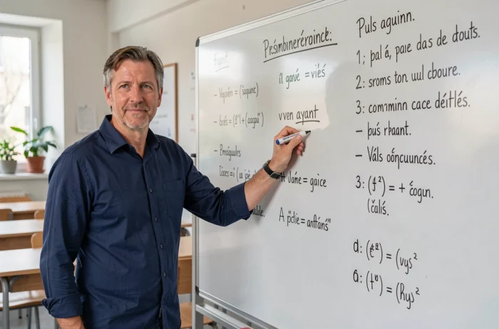 Professeur de français expliquant la différence entre aillant et ayant devant un tableau blanc