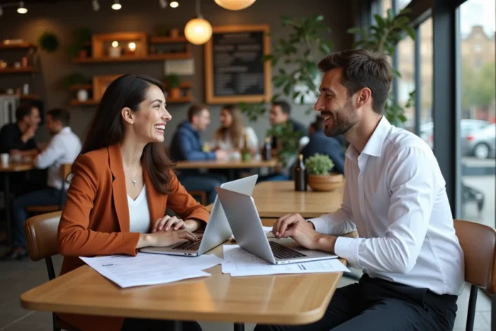 Deux jeunes professionnels discutant d'offres d'emploi en ligne autour de leurs ordinateurs portables dans un café