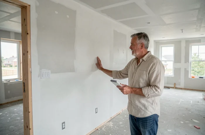 Propriétaire inspectant les murs d'une maison rénovée dans le cadre de la garantie trentenaire