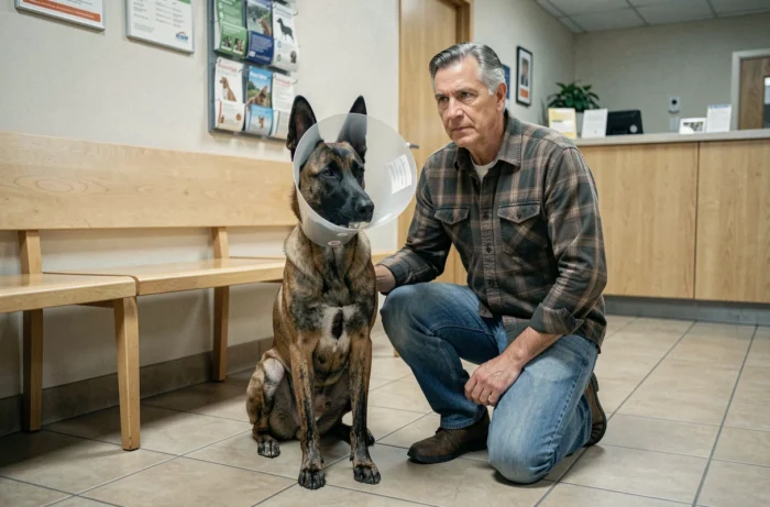 Propriétaire et son Malinois avec collerette de récupération dans une salle d'attente vétérinaire après opération