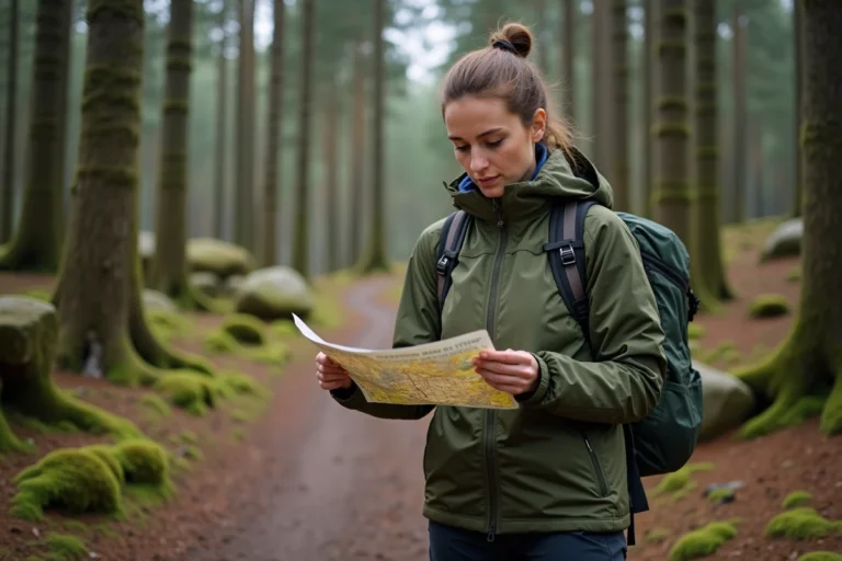 Randonneuse consultant une carte sur un sentier forestier à La Petite Pierre dans les Vosges du Nord
