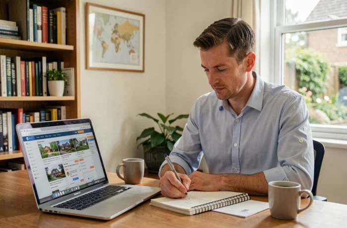 Homme recherchant des annonces immobilières en ligne pour louer un appartement depuis son bureau