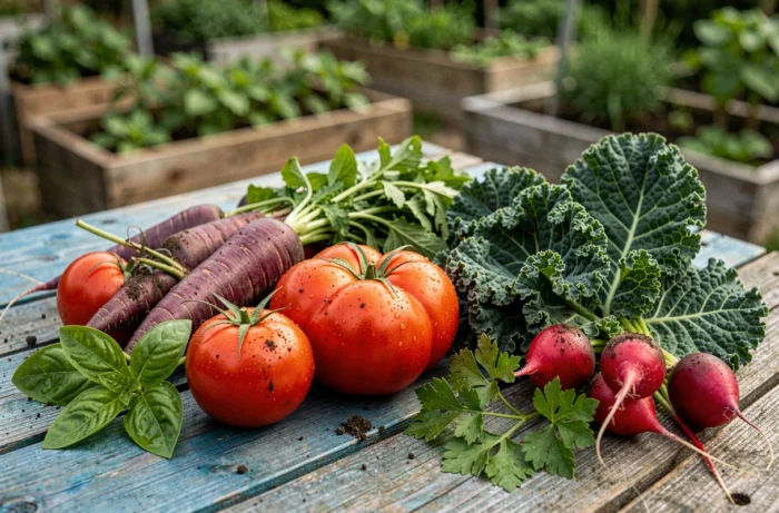 Récolte de légumes biologiques variés posés sur une table en bois rustique dans un jardin potager maison