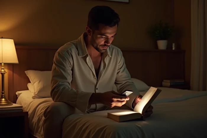 Homme posant son téléphone face contre table et saisissant un livre papier avant de dormir dans une chambre chaleureuse
