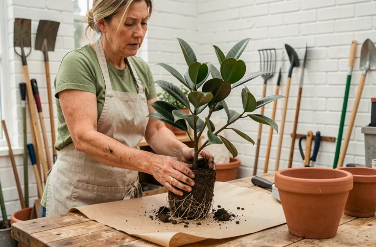 Femme en tablier de lin rempotant un ficus benjamina sur un établi en bois, racines apparentes et nouveau pot en céramique prêt à l'emploi