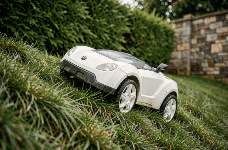 Robot tondeuse blanc sur terrain en pente dans un jardin résidentiel avec haie verte en arrière-plan