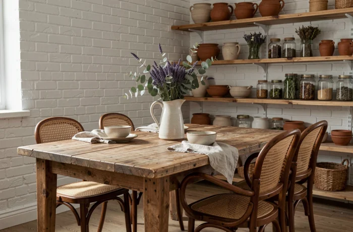 Salle à manger chaleureuse avec table en pin recyclé, vaisselle artisanale en grès, étagères en bois et briques blanches pour une ambiance intérieur cocon