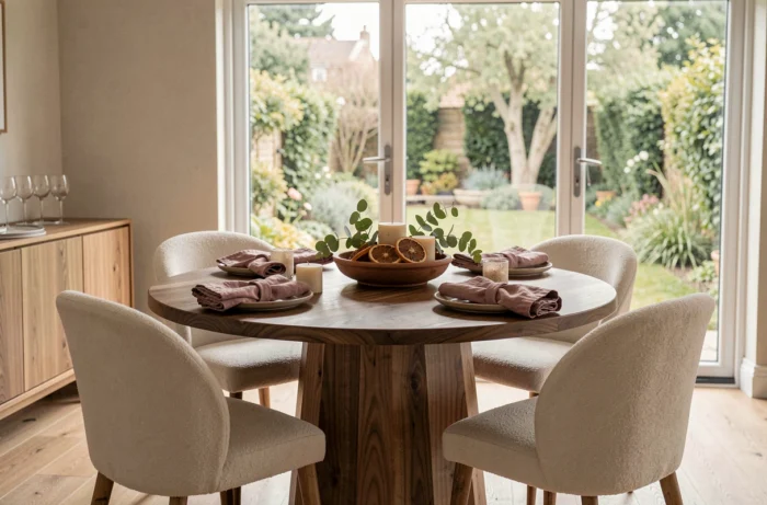 Salle à manger moderne avec table en noyer, chaises boucle et centre de table en terre cuite aux détails décoratifs élégants