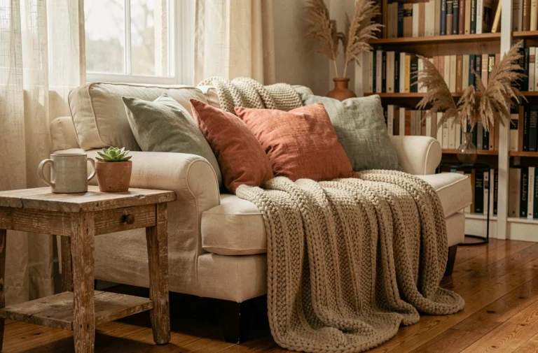 Salon douillet avec canapé crème, plaid en laine tricotée et coussins en lin aux tons naturels pour une ambiance cocon hygge