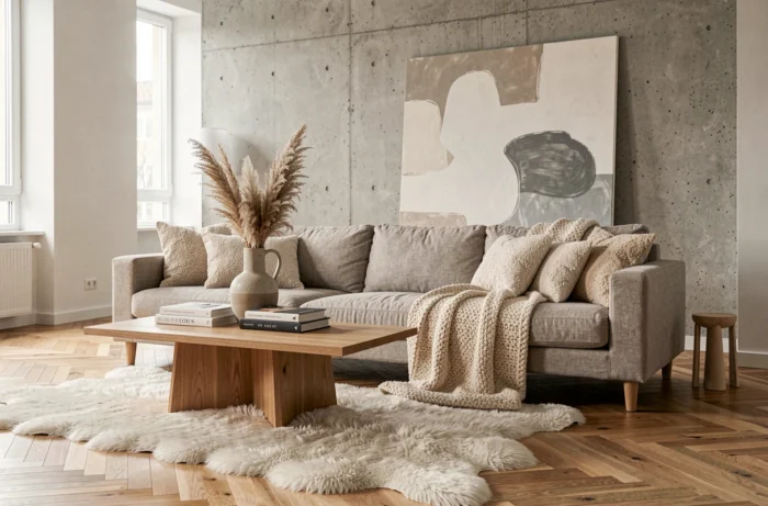 Salon scandinave moderne avec canapé en lin grège, coussins bouclés et table basse en chêne, tendances déco intérieur 2024