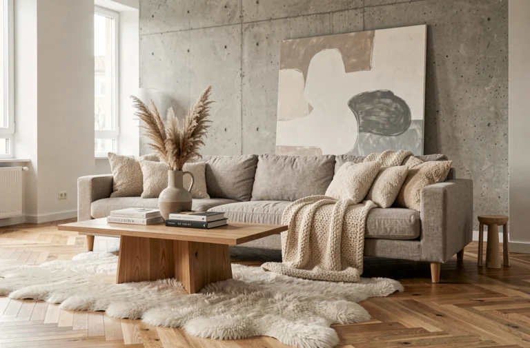 Salon scandinave moderne avec canapé en lin grège, coussins bouclés et table basse en chêne, tendances déco intérieur 2024