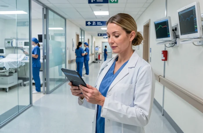 Médecin consultant des données de patients sur tablette dans le couloir d'un hôpital moderne