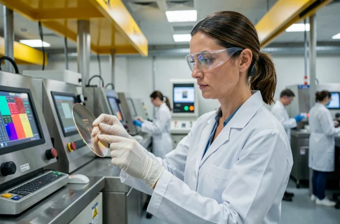 Ingénieure manipulant une tranche de silicium dans une salle blanche de fabrication de semi-conducteurs et composants pour l'IA